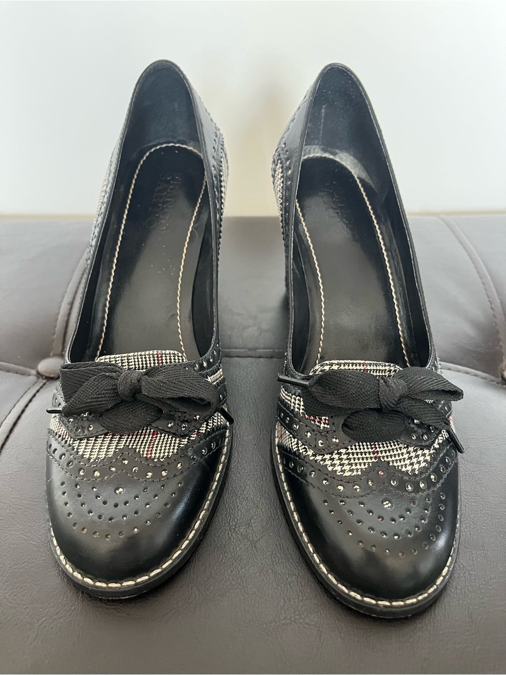 Franco Sarto Black and Cream Plaid Brogue Heels with Bow Accent - Picture 2 of 5